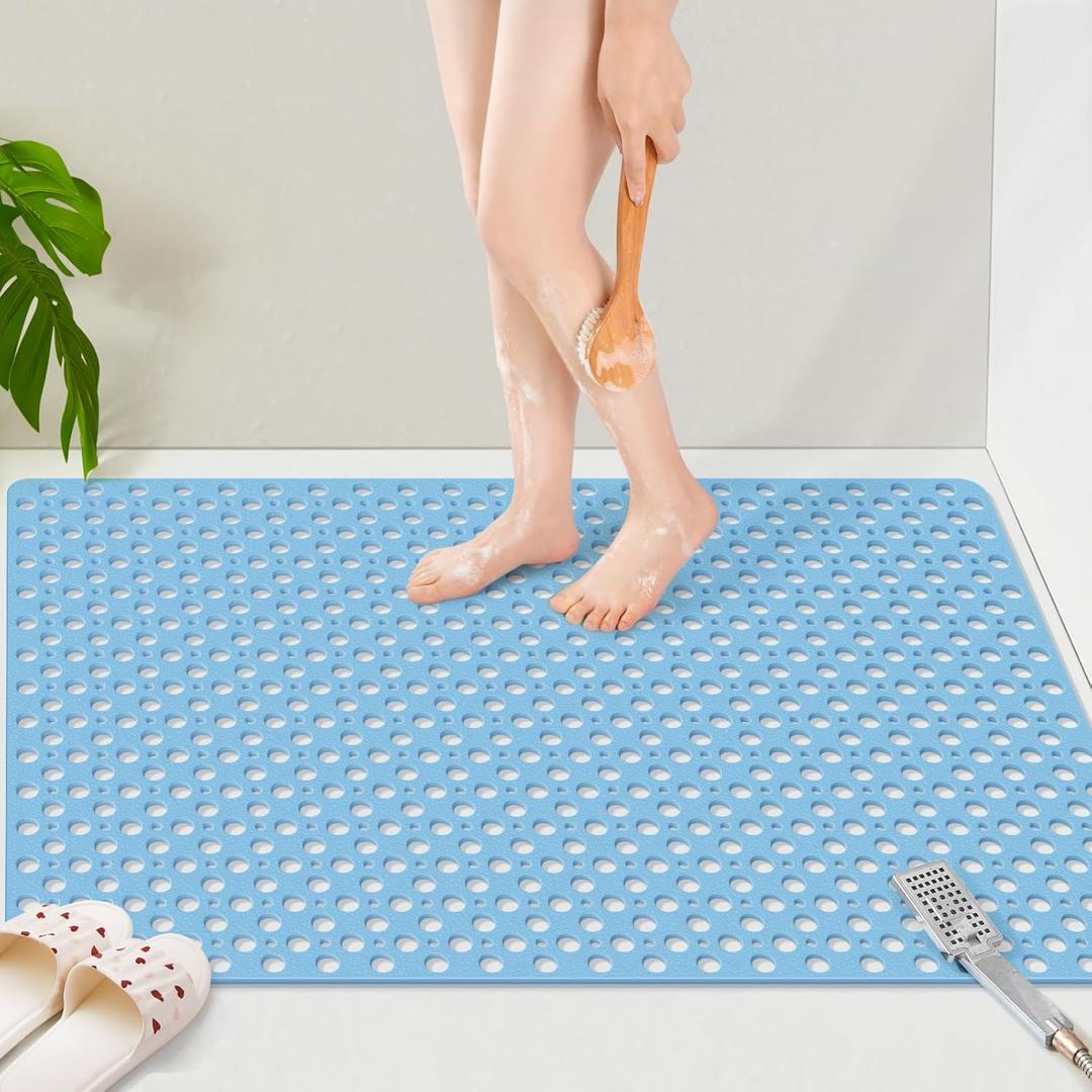 OTHWAY Large Shower Mat, 47"x 32" TPE Anti Slip Shower Mat, Heavy Bath Mats for Shower with Drain Holes Suction Cups, Shower Stall Mat for Bathroom, No Odor Shower Grip Mat for Elderly Kids(L-Blue)