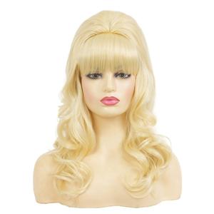Blonde Long Curly Wig With Bangs Beehive Wig Synthetic Fibre Hair 50s 70s Cosplay Party Womens Halloween Costume Wigs