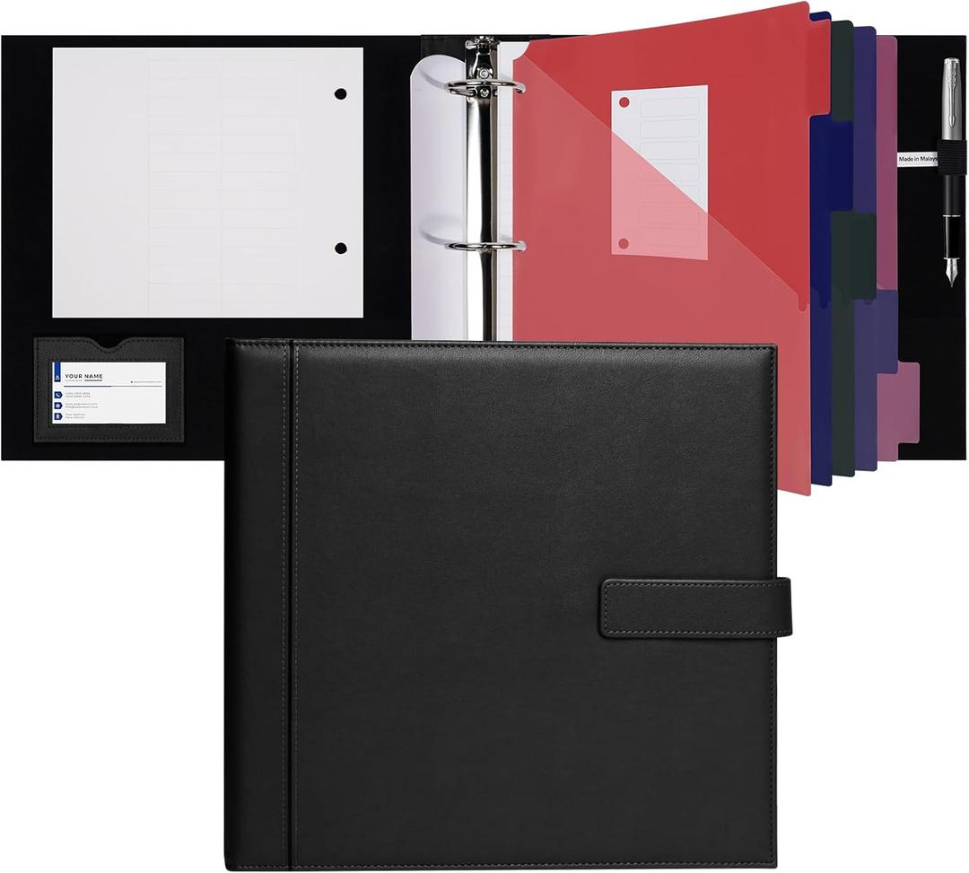 POPRUN PU Leather 1.5 Inch 3 Ring Binder, Professional Business Organizer- Includes PP Dividers, 100GSM / Grade AA Filler Papers, Card &Sticker for Tab- Ideal for Office Presentation Meetings, Black