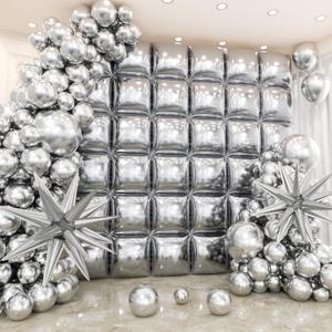 36pcs Metallic Silver Square Foil Balloons Wall Backdrop with 79pcs Balloon Garland Arch Kit, Double Sided Balloon for Bachelorette Baby Shower Birthday Anniversary Graduation Party Decorations