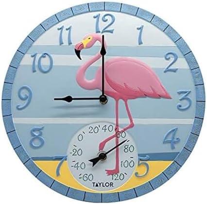 Taylor Flamingo Poly Resin Indoor and Outdoor Clock and Thermometer, Wireless Thermometer with Easy to Read Large Numbers for Patio, Pool, and Indoor Areas, 14-inch, Multi-Color