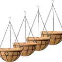 4 Pack 14 Inch Outdoor Plant Hanging Basket Round Metal Hanging Planter with Coco Coir Liner for Indoor Plants Baskets Railing Flower Pots Home Decor