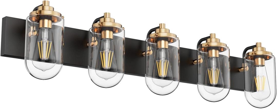 Ralbay Black Gold Bathroom Vanity Light 5 Lights Edison Vintage Bathroom Light Fixtures, Black/Gold with Clear Glass Bathroom Wall Light Fxitures 9702-5HJ