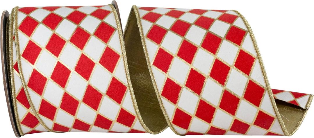 Reliant Ribbon Harlequin Solid Diamond Outline Gilded Deluxe Wired Edge, White/red, 4 Inch, 10 Yards