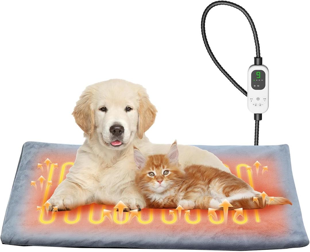 HOPET Dog Cat Heating Pad with Adjustable Temperature Timer, Waterproof Heated Dog Cat Bed with Chew Resistant Cord, Indoor/Outdoor Electric Heating Pad for Dog House,Rescue Cats,Grey,27x15 in