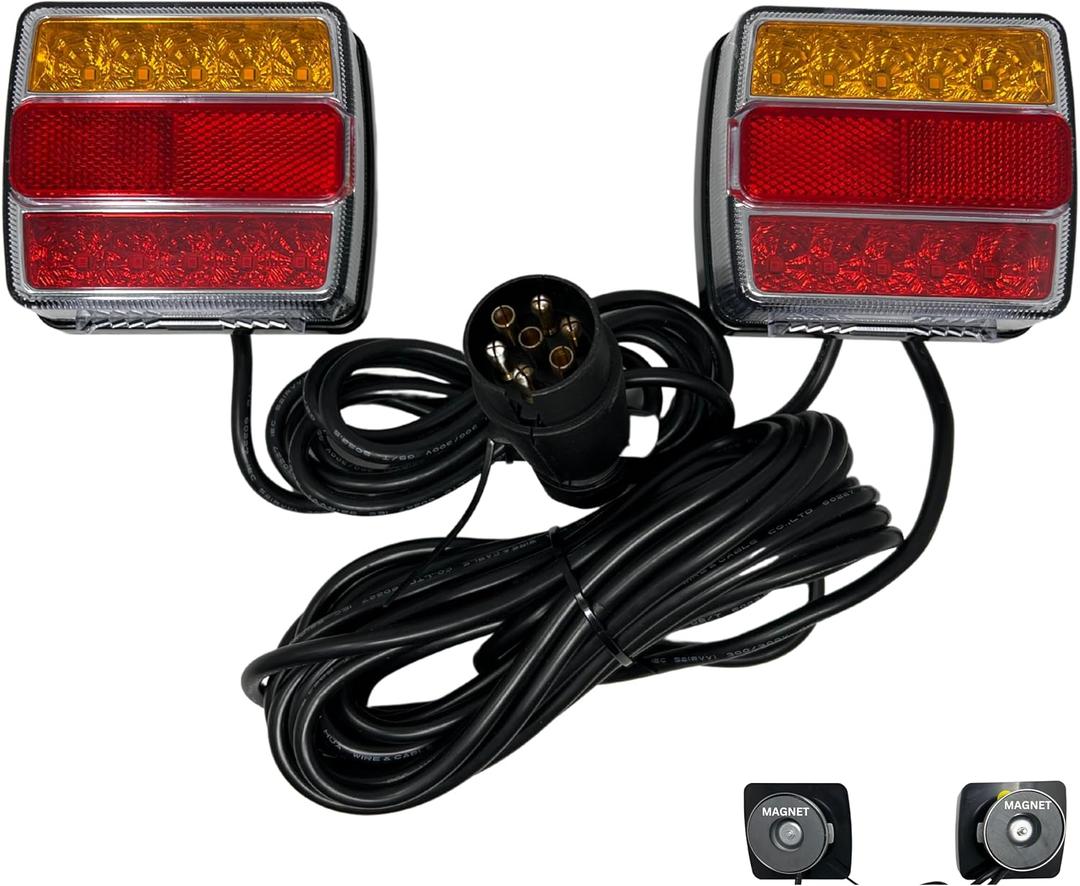 26 LED Magnetic Trailer Light Kit 2PCS LED Trailer Light Universal Running Brake Turn License IP68 Waterproof Adsorbed Magnet 24ft Cable 7-pin 5-pin Plug Red/Amber Lens (Red & Amber Lens)
