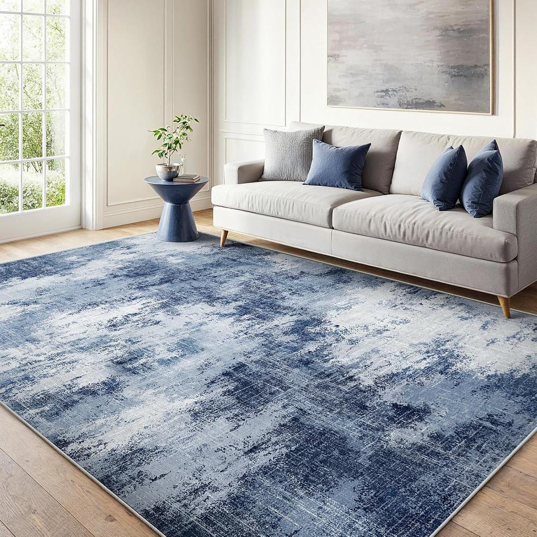 6x9 Area Rugs for Living Room, Modern Abstract Washable Rug with Non-Slip Backing & Low Pile Indoor Carpet for Nursery Room, Bedroom and Dinning Room, Dark Blue