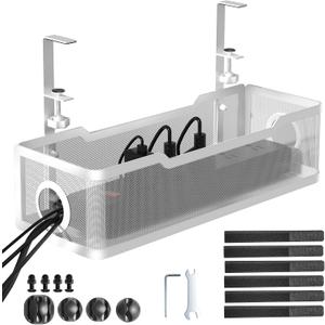Under Desk Cable Management Tray White, Cinati Wire Organizers No Drill, Cable Tray with Clamp for Wire Management, Cord Organization Box for Office, Home - No Damage to Desk 13.4"-1 Pack