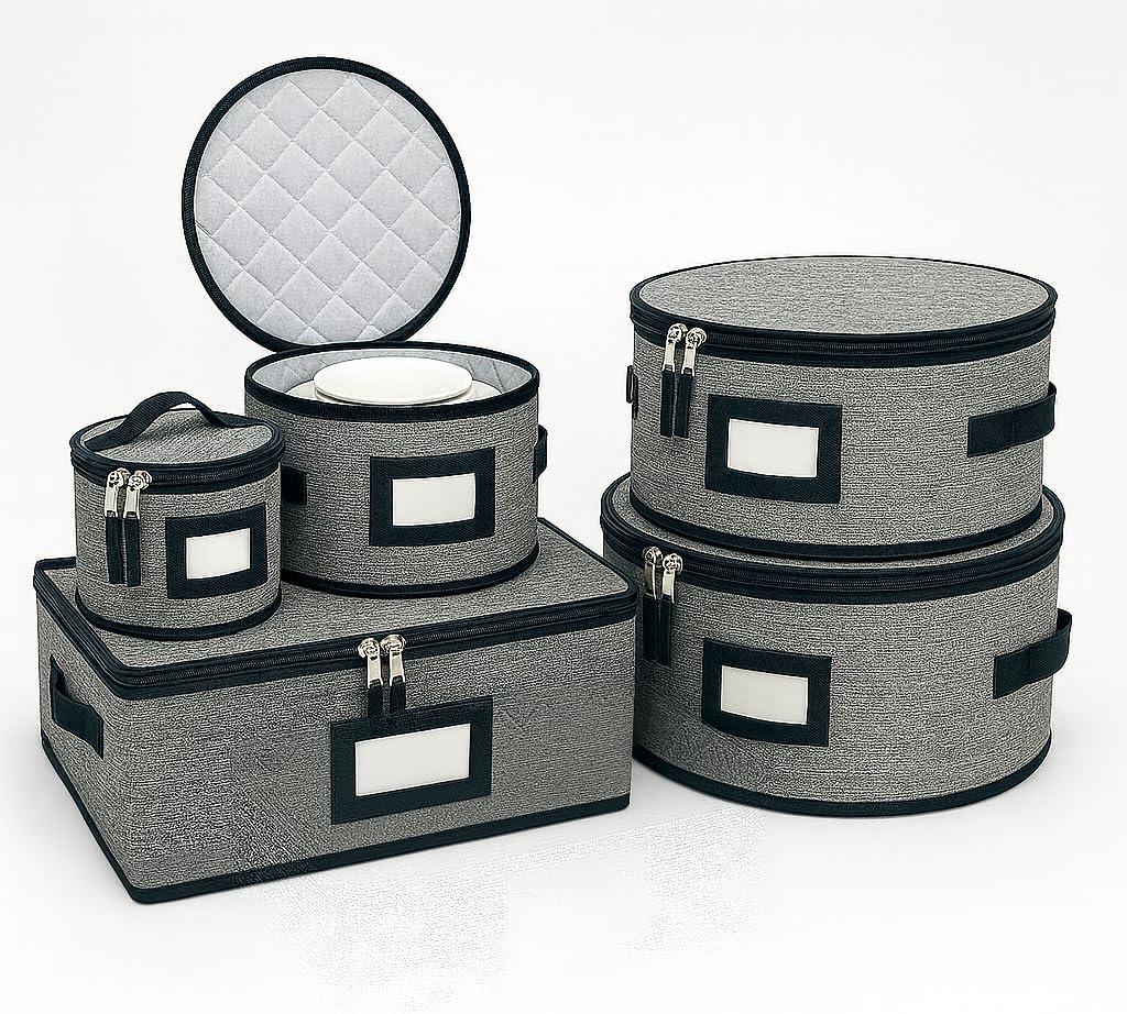 Microfiber China Storage Containers for 12-Piece Dinnerware Set-Durable Hard Shell Dish Storage Ideal for Households & Small Gatherings-Beige Plate Storage Protectors & Organizer-5 Piece Set( Grey)