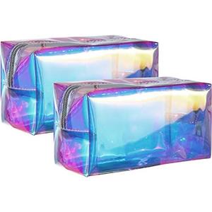Boao 2 Pcs Clear Iridescent Holographic Makeup Bag Glitter Travel Cosmetic Pouches Toiletry Bag with Zipper Toiletry Organizer Case for Purse Diaper Beach Office Gift(Plain)