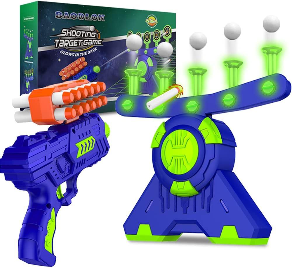 BAODLON Shooting Games Toy for Age 5, 6, 7, 8, 9, 10+ Years Old Kids, Boys - Glow in The Dark Floating Ball Target with Foam Dart Toy Gun, 10 Balls/5 Targets - Ideal Gift