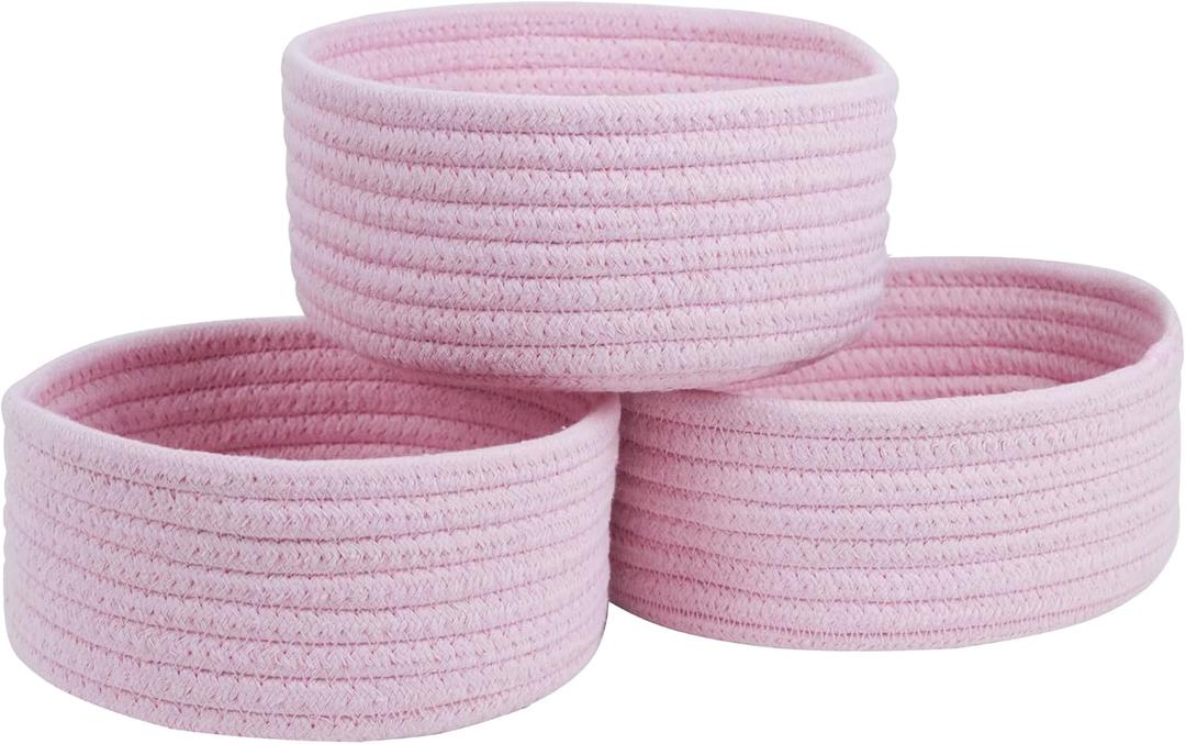 Small Storage Basket, Set of 3 Woven Baskets, Cotton Rope Small Baskets for Organizing, Cute Mini Tiny Round Basket, Bathroom Organization Bin (Pink)