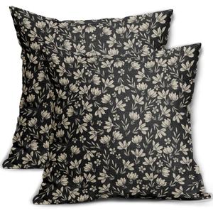 Vintage Flower Pillow Covers 18x18 Set of 2 Rustic Cute Small Floral Black Brown Old Style Decorative Throw Pillows Outdoor PillowCase Farmhouse Linen Cushion Case Decor for Home Sofa Couch Bed