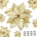 Childom 12 PCS Poinsettia Flower Artificial Poinsettia Christmas Decoration 8.7'' Gold Glitter Poinsettias Christmas Ornaments Xmas Tree Flower Decor with Clips DIY Xmas Wreath Holiday Home Party