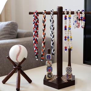 SkillDance Wooden Baseball & Softball Ring and Necklace Holder, Championship Ring Display with Baseball Stand, 3-in-1 Home Plate Baseball Jewelry Organizer, Gift for Baseball Players & Fans