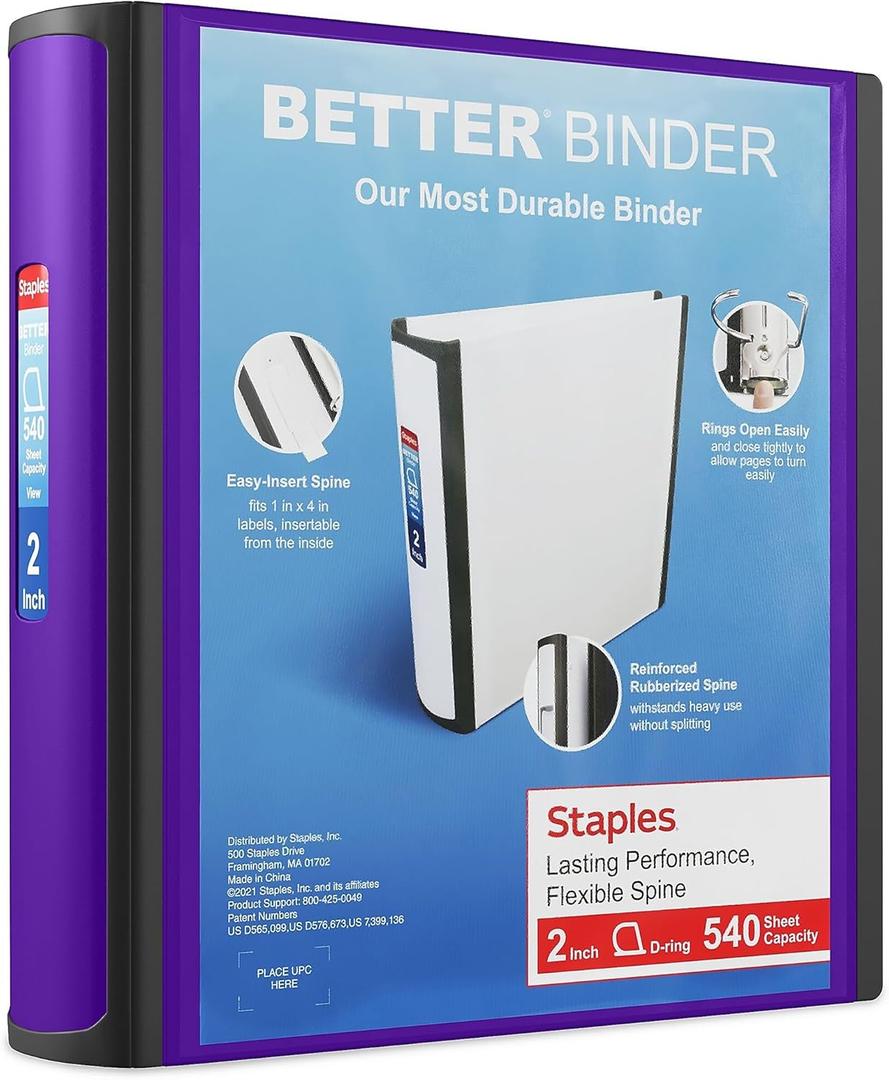 Staples Better Binder, 2" Heavy‑Duty D‑Ring 3‑Ring Binder, Purple, Reinforced Spine, 540‑Sheet Capacity, Durable for School, Office & Filing, 2‑Pack