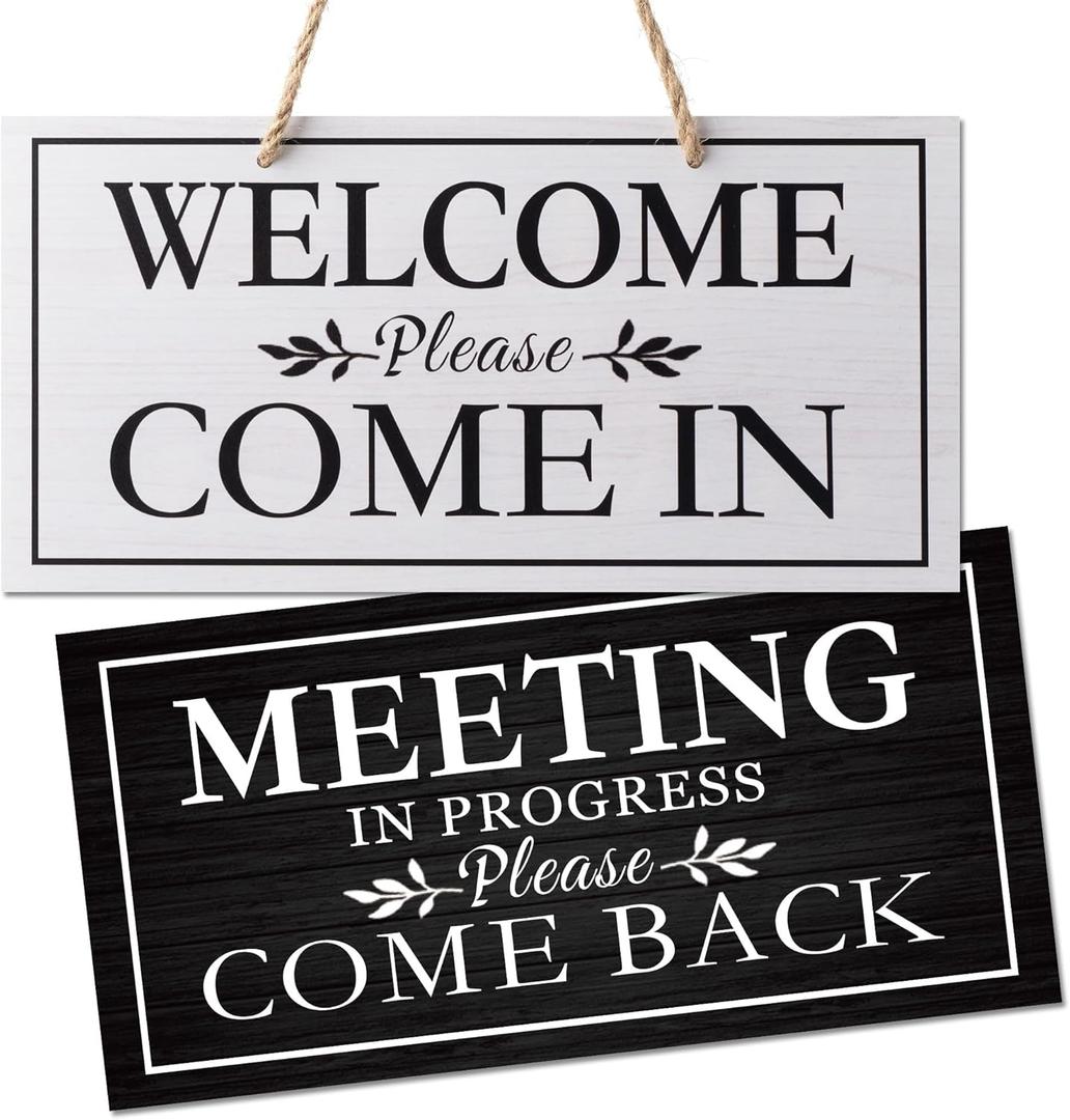 Double-Sided Office Door Hanger Sign, Acrylic Welcome Please Come In, Meeting In Progress Please Do Not Disturb, Red/Green and Wood Grain Options (Beige Black(flower))