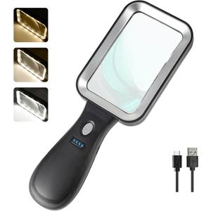 10X Magnifying Glass with Light, Rechargeable Magnifier with 3 Color Modes, Lighted Magnifying Glass Handheld for Seniors Reading Low Vision, Inspection, Close Work