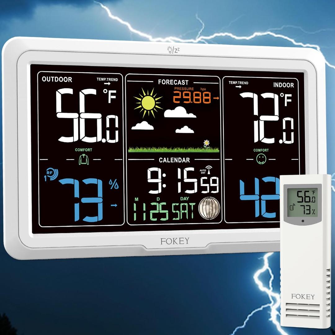Weather Station Wireless Indoor Outdoor, Indoor Outdoor Thermometer Wireless Clock, Weather Stations Digital Home Gauge 7.6in Large Display Atomic Clock Temperature Humidity Phase, White