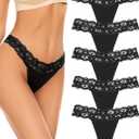 voenxe Seamless Thong for Women,No Show Lace Underwear,Ladies Cotton Blend Breathable Panties,Comfort Soft Undie,Tanga,5-Pack (Large, Black)