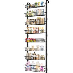 MIAOLI Over the Door Pantry Organizer, 8-Tier Adjustable Spice Rack Cabinet Door Shelves, Hanging Seasoning Organizer for Kitchen Bathroom, Laundry Room Organization, Black