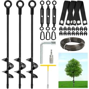 3 Pack 18" Tree Stakes and Supports for Leaning Trees, Tree Stake Kit Heavy Duty, Tree Supports Stakes with 3 Straps & 3 Turnbuckles & 3/16 PVC Coated Wire Rope
