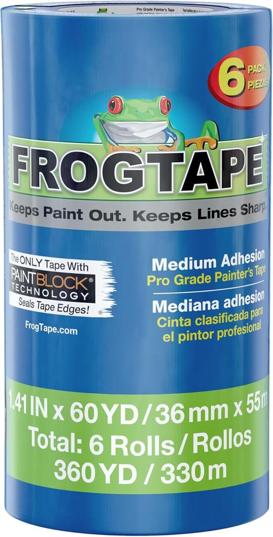 FrogTape ProGrade Blue Painters Tape with PAINTBLOCK, 1.5 Inch Wide (1.41 In. x 60 Yds), Medium Adhesion, Blue, 6 Rolls (242750)