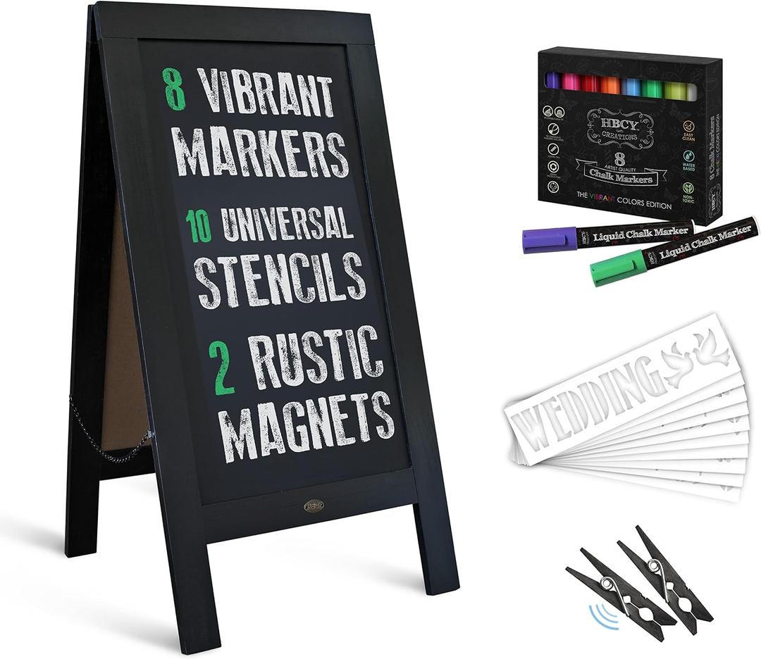 A Frame Chalkboard with Chalk Markers by HBCY Creations: 40x20 Solid Wood A-Frame Sign Gray Double-Sided Magentic Menu Board, Deluxe Set Includes 8 Chalk Markers, 10 Stencils, 2 Magnets