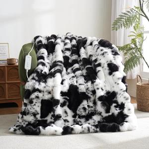 Cow Print Heating Throw Blankets Luxurious Western Soft Bubble Faux Rabbit Fur 8 Heat Settings Overheat Protection Quick Heating Electric Heated Blanket 50"x60"(Black) (Black and White)