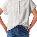 Astylish Womens Striped Henley Neck Linen Shirt Casual Button Down Cap Sleeve Blouse Tops (S)