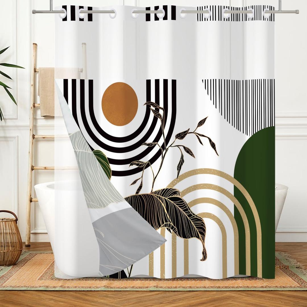 Olive Green and Gold No Hook Shower Curtain with Snap in Liner Mid Century Boho Shower Curtains for Bathroom, Abstract Modern Bathroom Curtain Hotel Fabric Bath Curtains 71"x74"