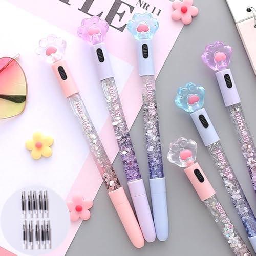 Kawaii Liquid Sand Glitter Writing Set, Plastic Cute Pens, 0.5mm Cat Paw Shiny Luminous Ballpoint Pens Black Link, Back to School Supplies for Teen Girls Women (6pcs Cat Paw Head Pen+ 10 pcs Refill)