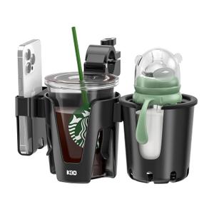 KDD Stroller Cup Holder with Phone Holder, 3-in-1 Removable Bottle Holder, 360 Degrees Rotation Drink Holder for Wheelchair, Stroller, Bike, Walker, Scooter, Bicycle, Uppababy, Bugaboo, Britax (Black)