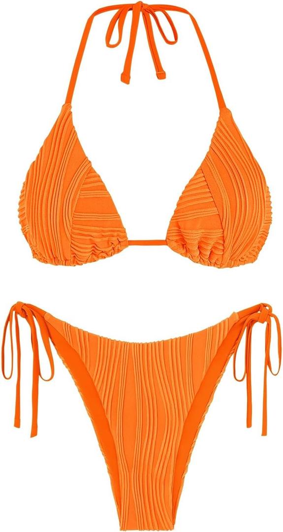 ZAFUL Bikini Sets for Women Halter Two Piece Swimsuit Ribbed High Cut Tie Side Thong Bathing Suit Sexy Padded Swimwear (Orange, M)