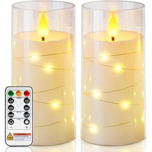 Homemory Flameless Candles with Embedded Star String Fairy Lights, Battery Operated Candles, LED Candle, Fake Candles with Remote Control and Timer, White, Set of 2(H 6" 6")
