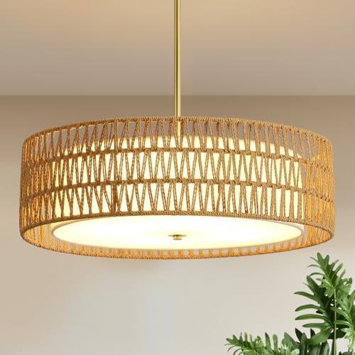 Rattan Chandelier Chandeliers for Dining Room, Boho Chandelier with Fabric Shade, Coastal Hand Woven Pendant Light Fixture for Kitchen Island Entryway Foyer Living Room Bedroom UL Listed