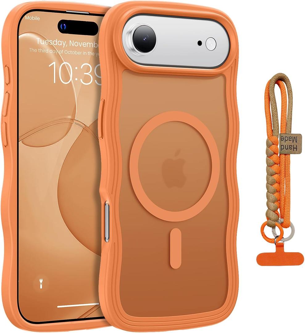 for iPhone Air Case Cute Wavy Matte Orange |Compatible with MagSafe,Color-Matched Lanyard,Military Grade Shockproof,Slim & Durable,Travel-Ready & Stylish