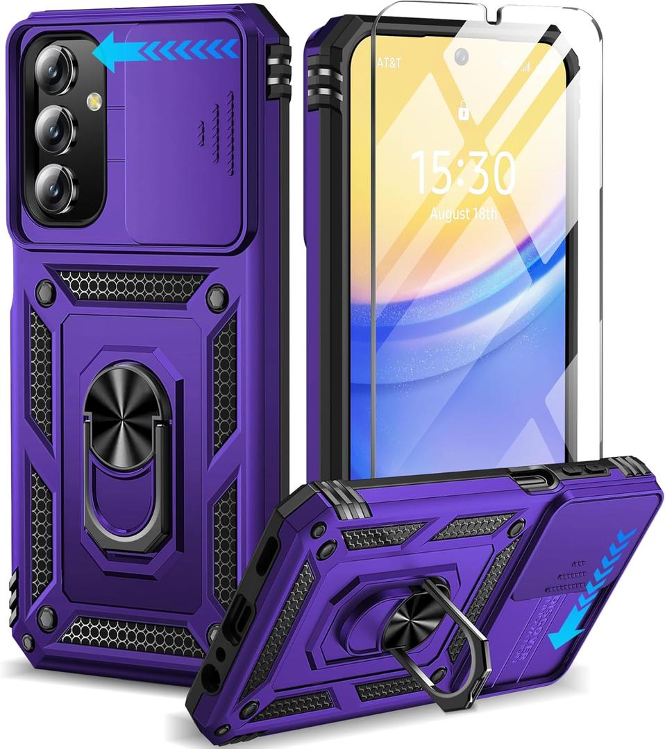 BaHaHoues for Samsung Galaxy A15 5G Case with Screen Protector & Slide Camera Lens Cover,Built-in 360Rotate Magnetic Ring Stand Shockproof Protective Phone Case for Samsung A15 5G Case (Purple)