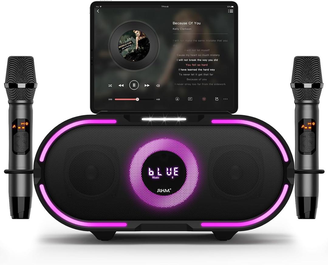 RHM K666PLUS Karaoke Machine with 2 Wireless Mics & Beat-Sync LED Lights, 60W Rich Stereo Sound, Voice Beautifier, 7 Hours Playtime, Bluetooth/AUX/USB/PC Connection, for Indoor & Outdoor Parties