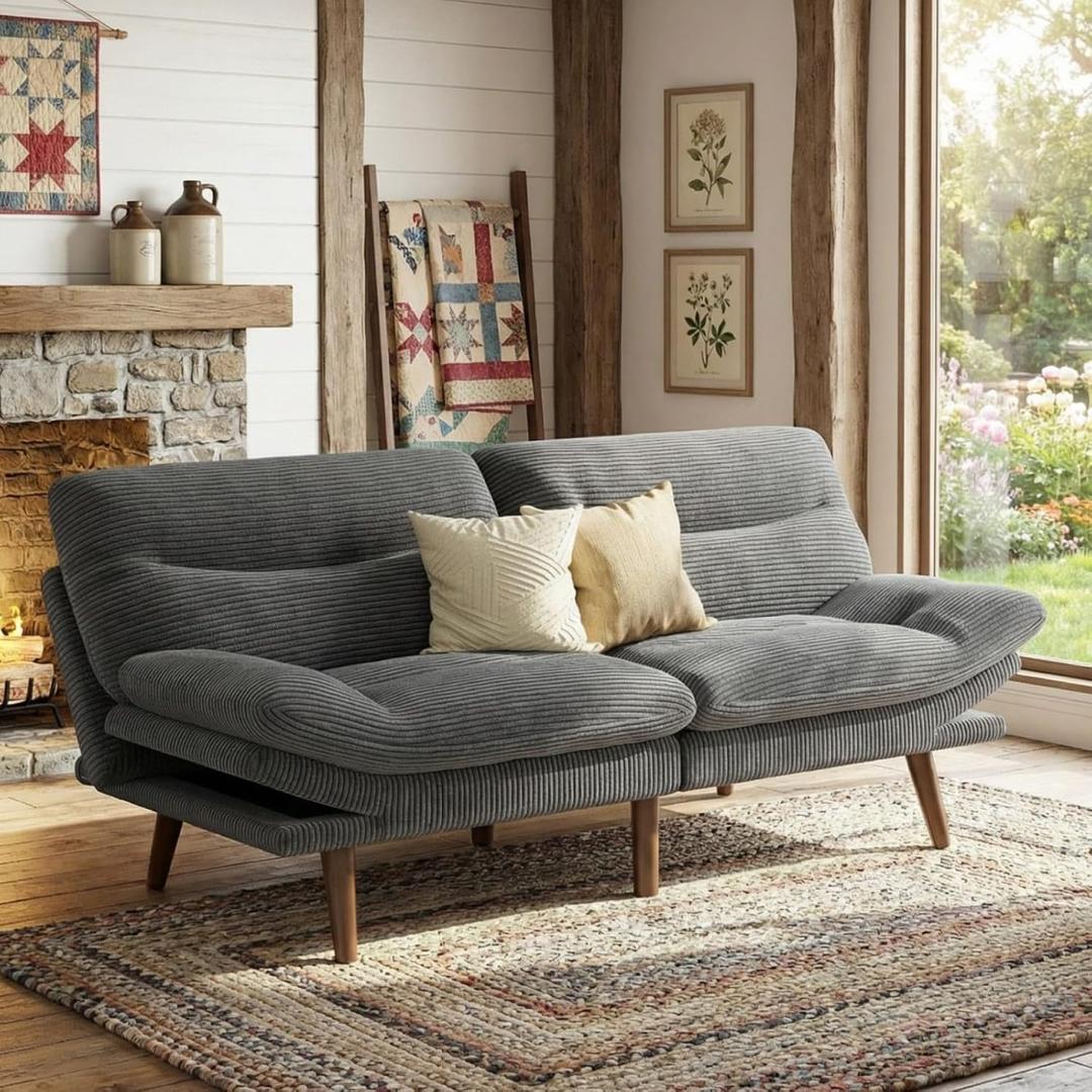 Marsail Futon Sofa Bed, 66 Futon Couch with Adjustable Backrest & Armrests, Convertible Small Sleeper Sofa Bed for Small Apartments, Study Room, Office, Corduroy Loveseat, Charcoal Gray