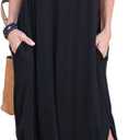HUSKARY Women's Summer Maxi Dress Casual Loose Pockets Long Dress Short Sleeve Split Maxi Dresses (Medium, Black)