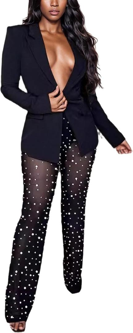 Vakkest Womens 2 Piece Outfits Suits Sheer Mesh Bead Pants and Long Sleeve Business Casual Office Work Blazer Sets (X-Large, Black)