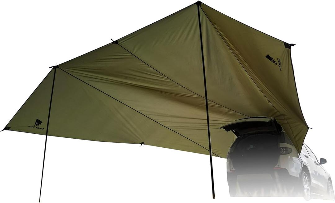 GEERTOP Large Car Awning Tarp for Camping Backpacking Tarp SUV Tailgate Truck Canopy Sun Shade Waterproof Outdoor Rear Vehicle Awning Shelter for Van, MPV, Campers (Lunar Green)