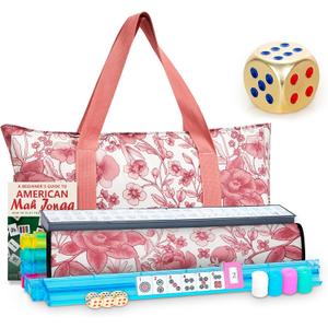 American Mahjong Tile Set, Mah Jong Set Complete with Pink Flower Bag, 166 White Tiles with Golden Dices for Travel, 4 All-in-One Mahjong Racks with Pushers (Pink)