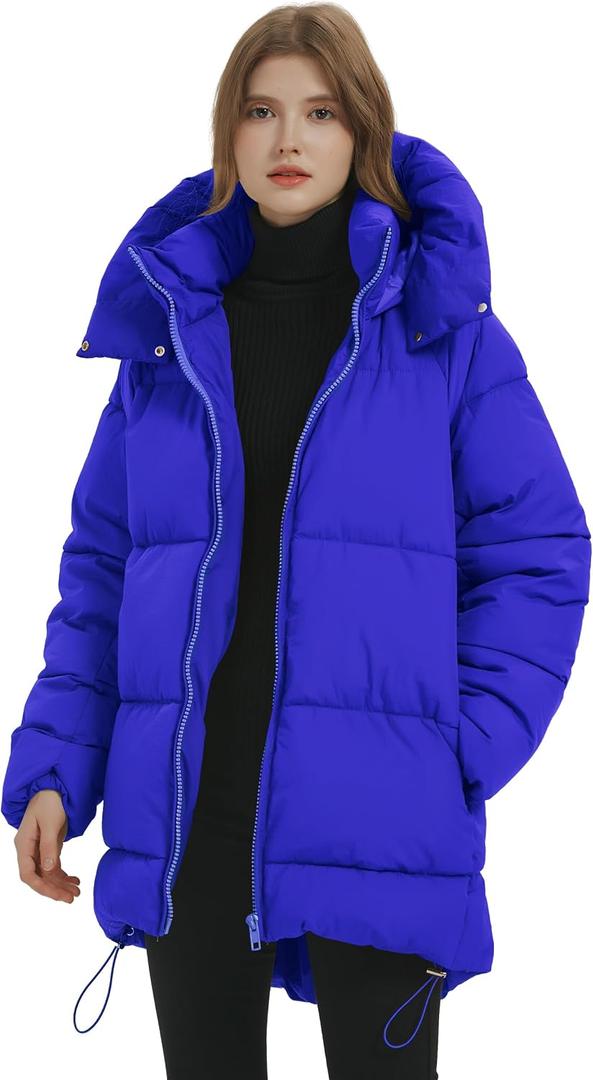PEHMEA Women Mid-Length Puffer Hooded Jacket Winter Padded Warm Coat Thicken Outerwear Coats (Blue) Medium
