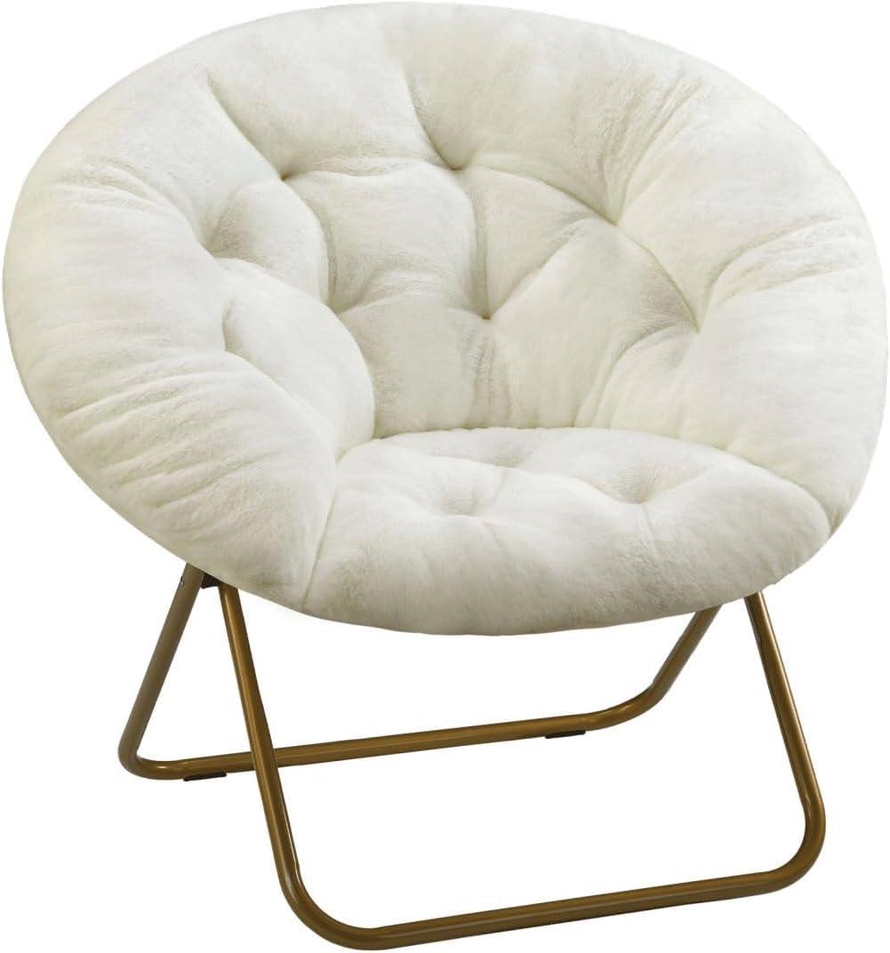 Comfortable Cozy Faux Fur Disc Chair Foldable Feature for Bedroom, Living Room and Dorm, Adult-Sized Relaxation, White, Round