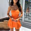 YBSKG Women Sexy Tube Top Silk Dress Strapless Ruched Waist Ruffle Tiered Layer Mini Dress Party Short Dresses (Orange, M)