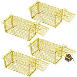 Qualirey 4 Pcs Humane Rat Trap Chipmunk Squirrel Cage Trap Foldable Rodent for Small Live Animal Voles Hamsters Catch and Release for Kitchen Yard Garage Indoors Outdoors (Yellow)