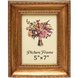 JANDERART Vintage Picture Frame 5x7 Inch, Antique Ornate Photo Frames with Glass Front, Brushed Design, Tabletop & Wall Hanging, Photo Gallery, Gold