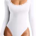 REORIA Women's Sexy Lace Scoop Neck Long Sleeve Double Lined Layering Slim Bodysuit Tops (Large, White)